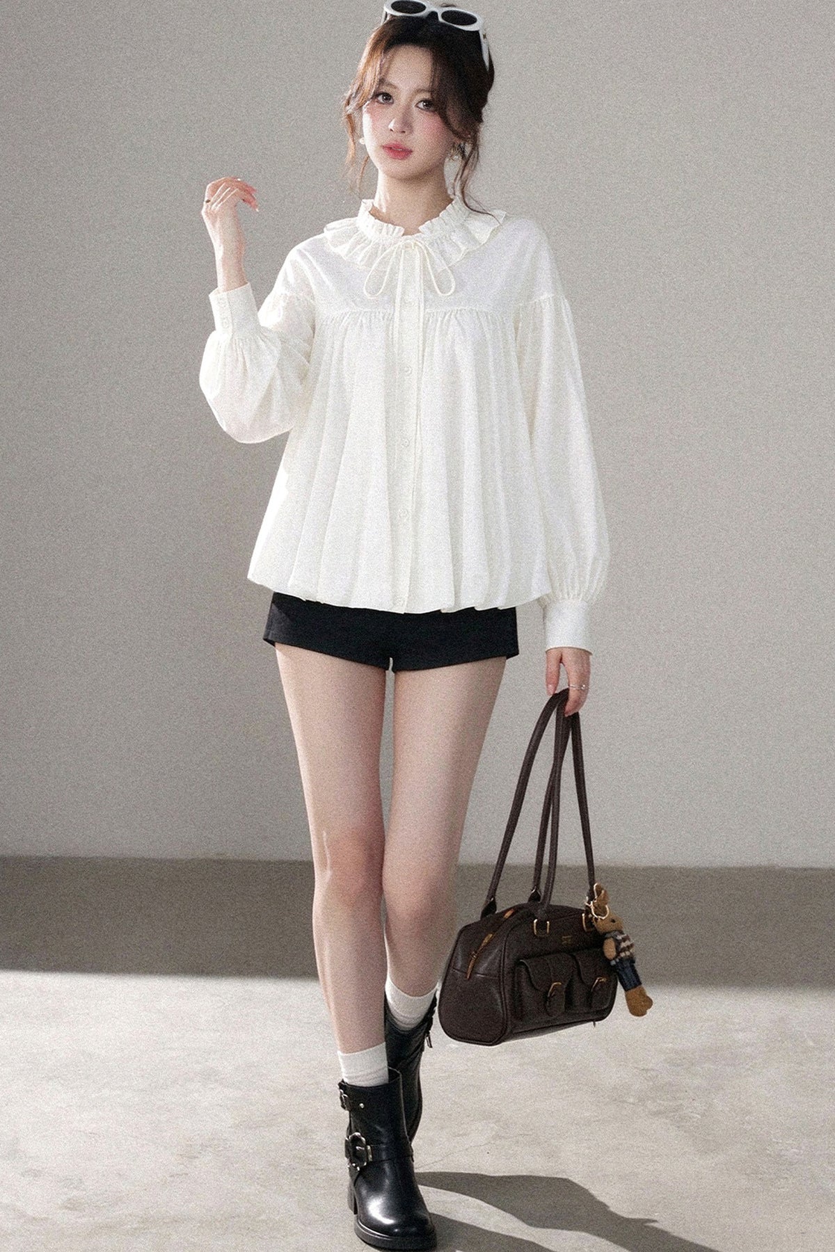 White Floral Lantern Sleeve Shirt and Pants Set-Up