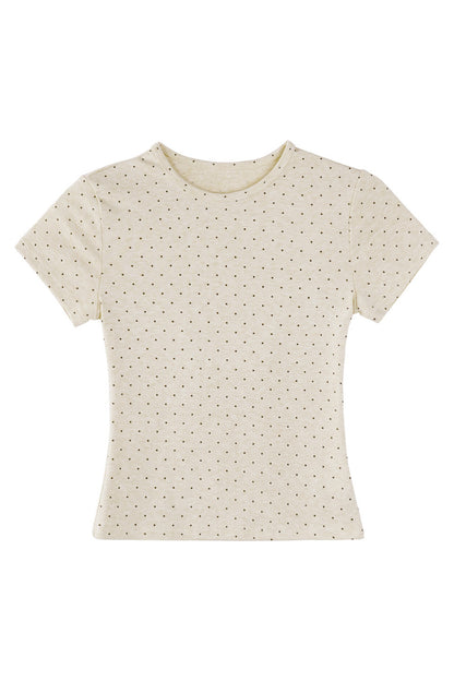 Kurzes T-Shirt in Creme mit Polka-Dots
