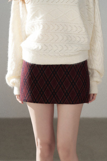 High-Waisted Woolen Plaid Skirt