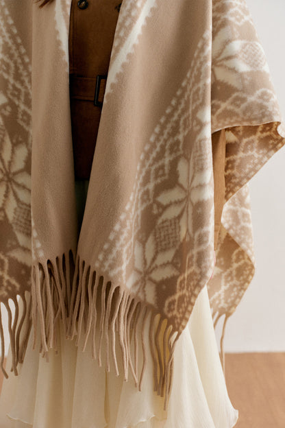 Khaki Fair Isle Jacquard Long Tassel Cape