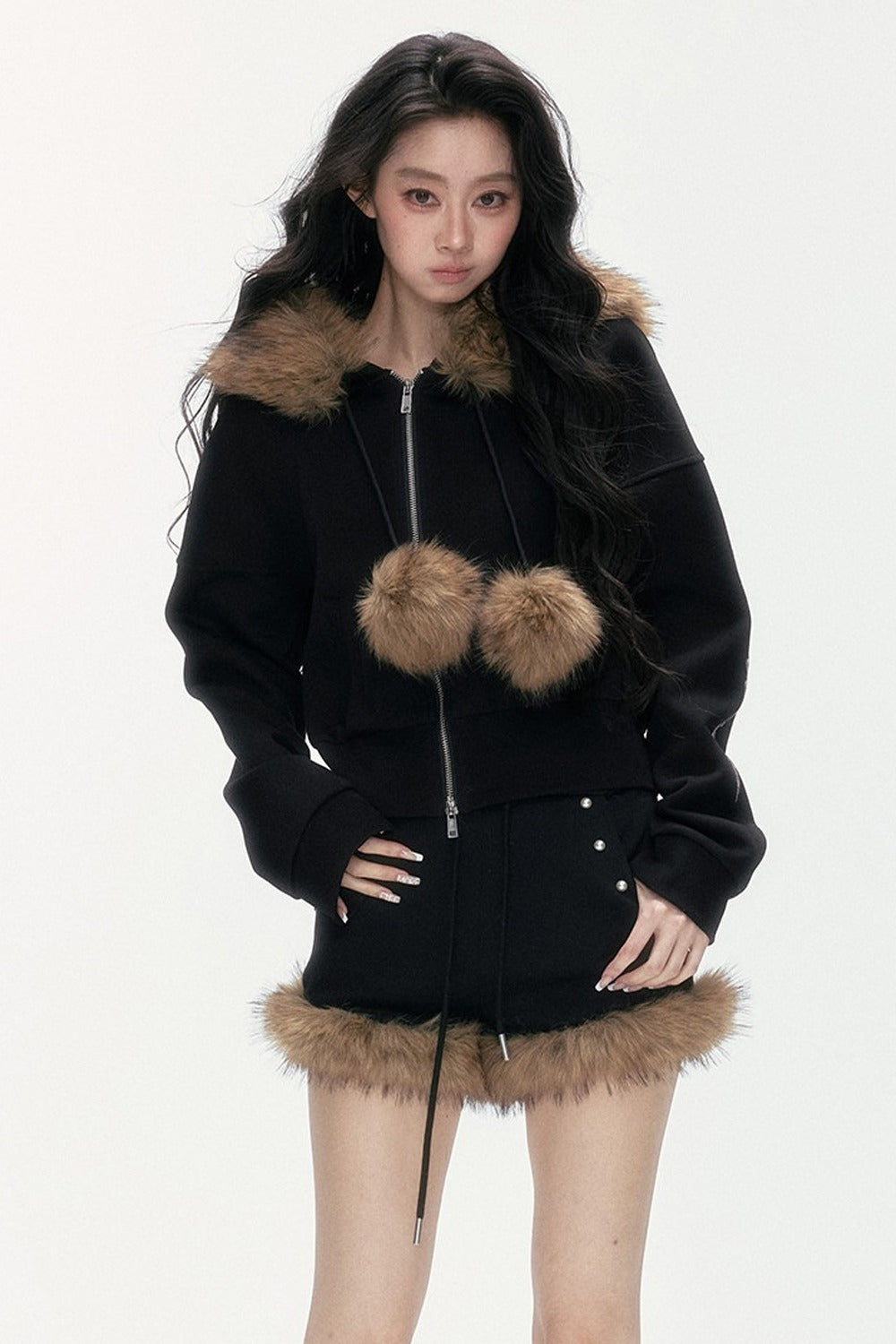Studded Embroidered Detachable Fur Collar Sweatshirt And Shorts Set-Up