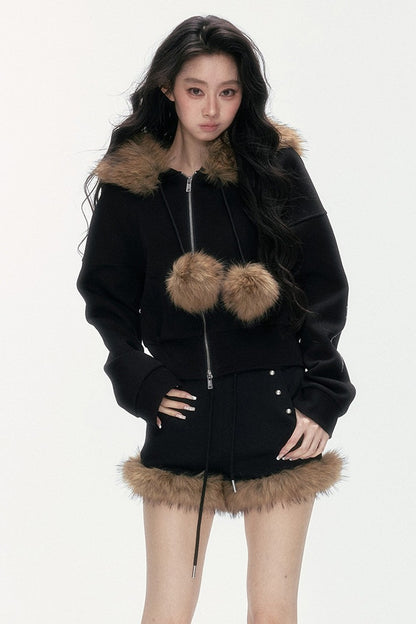 Studded Embroidered Detachable Fur Collar Sweatshirt And Shorts Set-Up