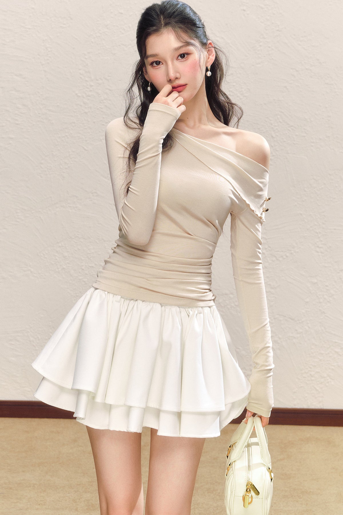 Asymmetrical Collar Long-Sleeved Knit Top and Skirt Set-Up