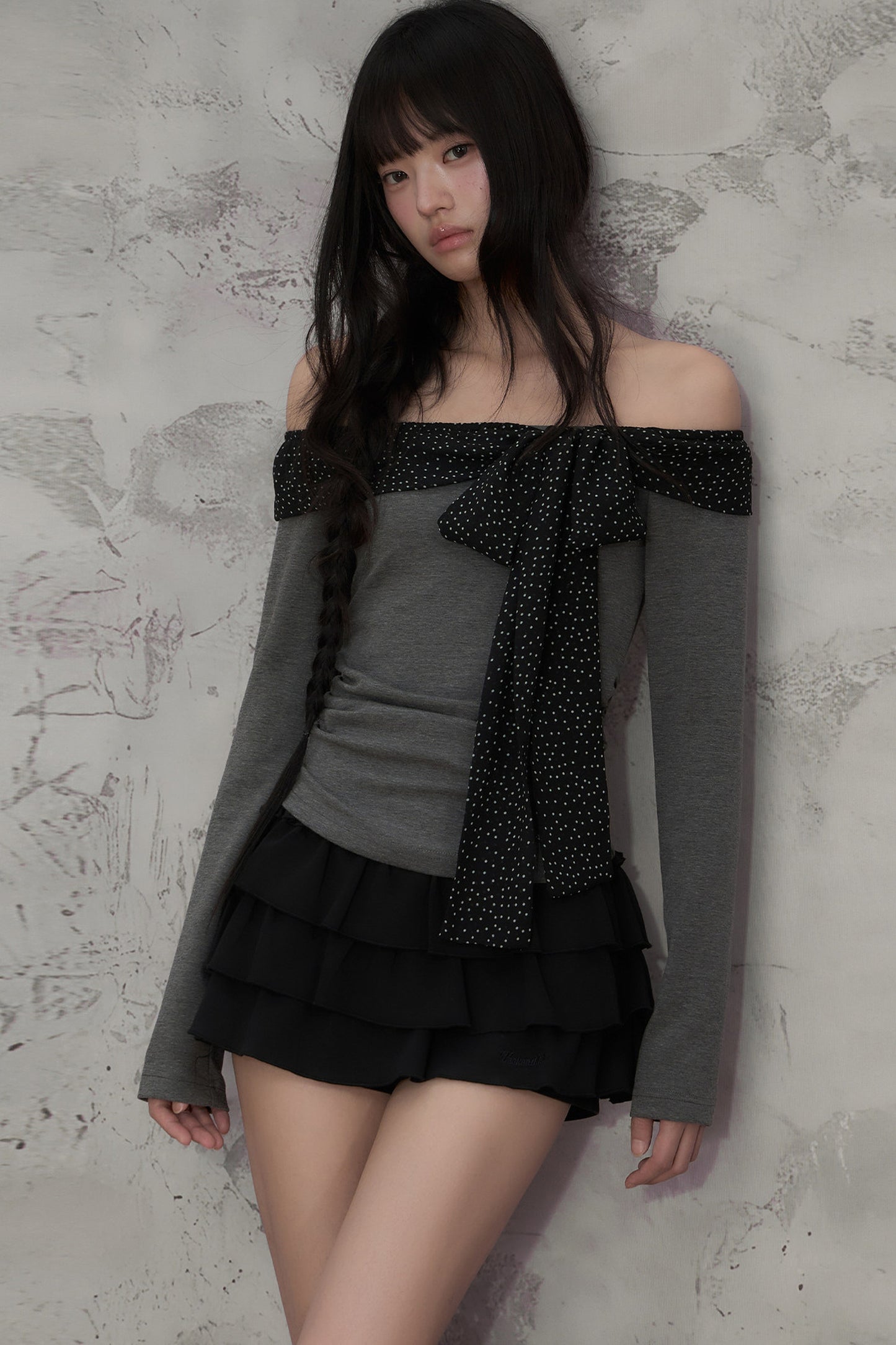 Polka Dot Off-Shoulder Ribbon Tie Top and Skirt Set