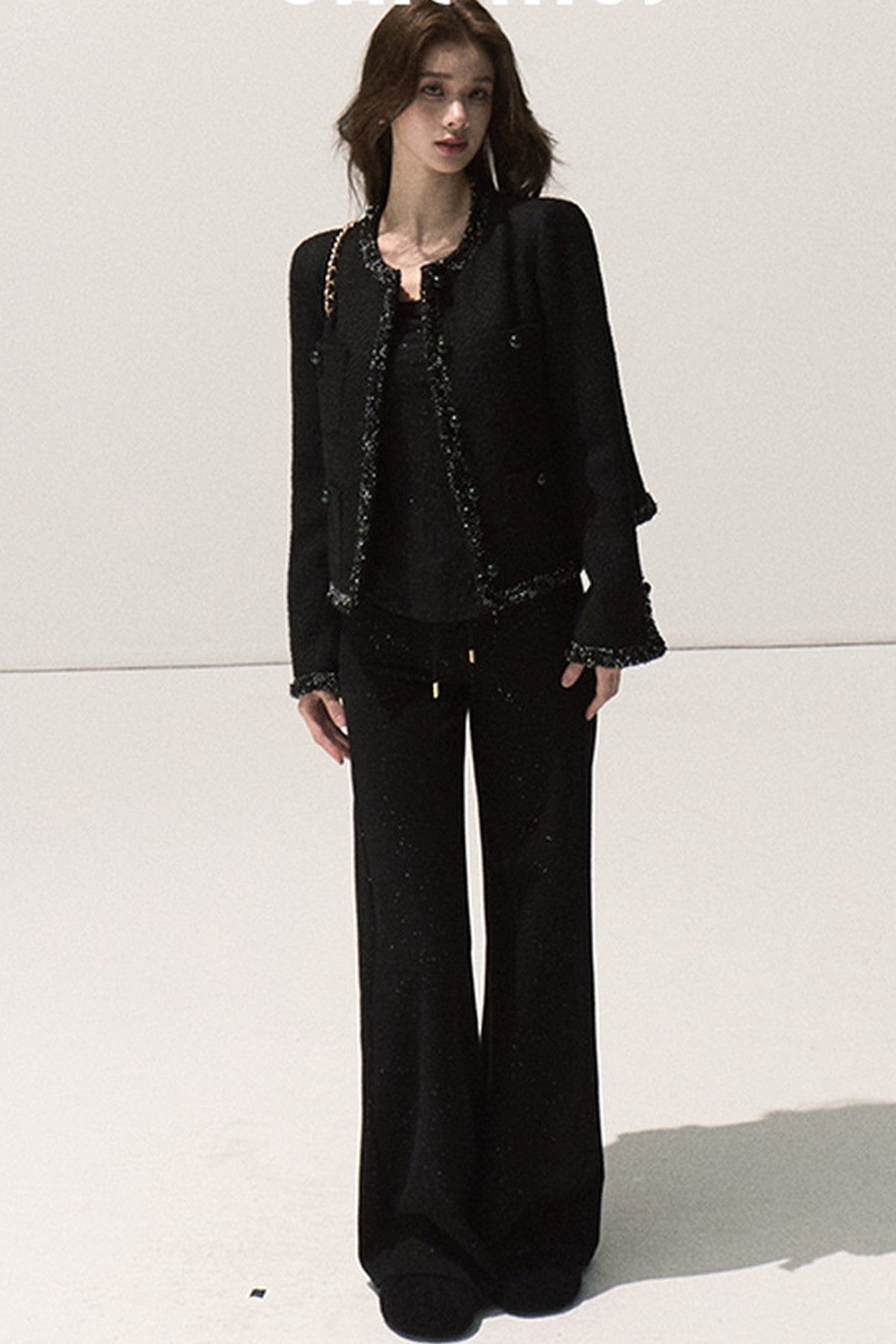 Silver-Embellished High-Waisted Wide-Leg Pants