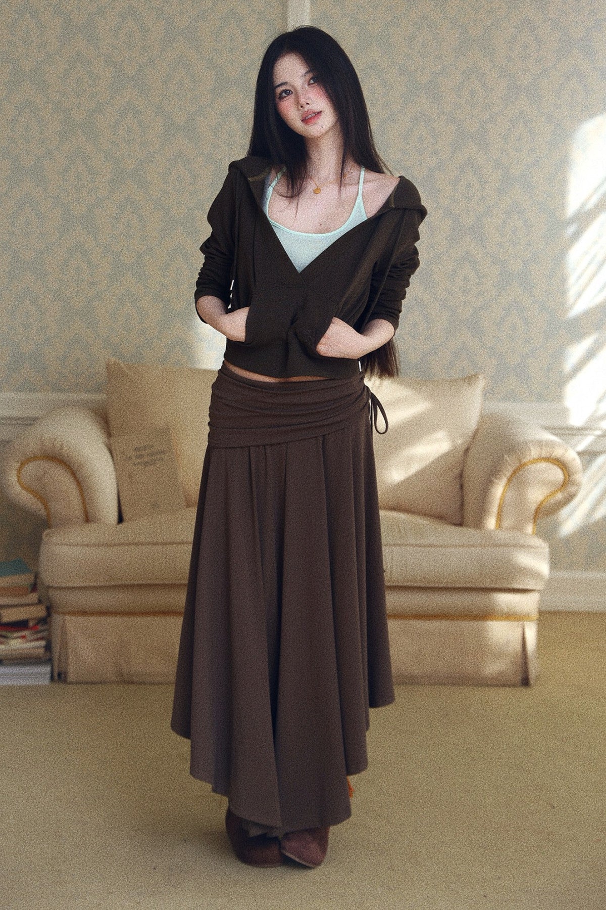 Asymmetrical Folded Waist Flared Half Skirt