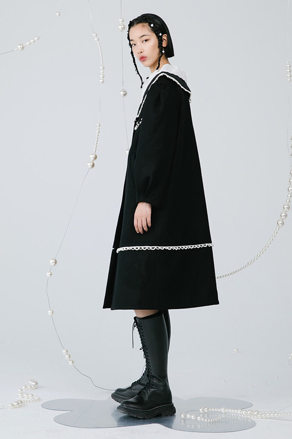 Black Pearl Lace Wool Coat