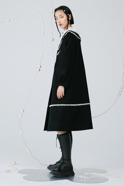 Black Pearl Lace Wool Coat