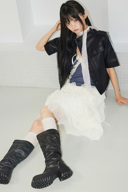 Thick-Soled Chunky Heel Black Leather Knee Boots