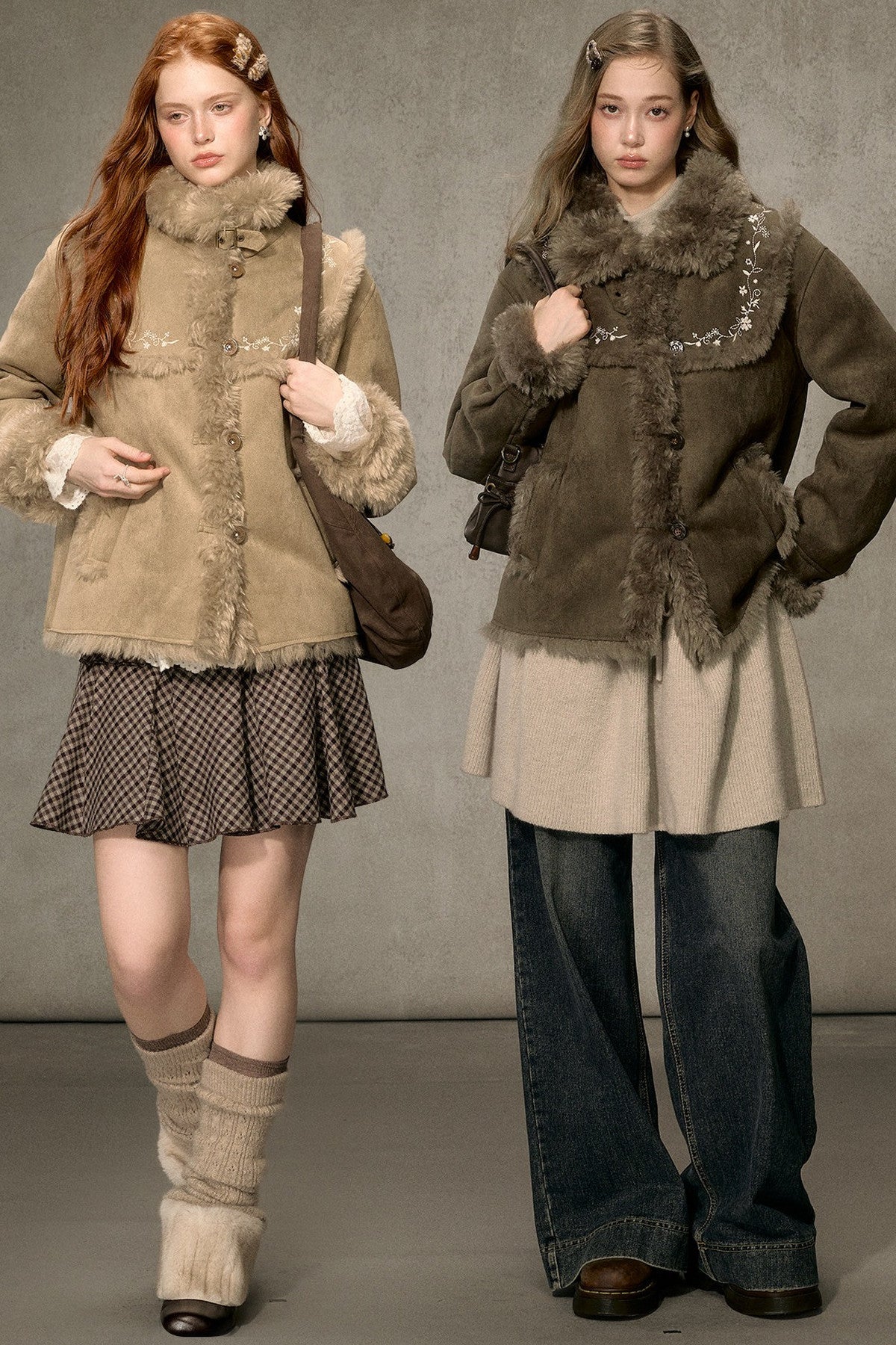 Embroidered Fur Collar Shearling Jacket