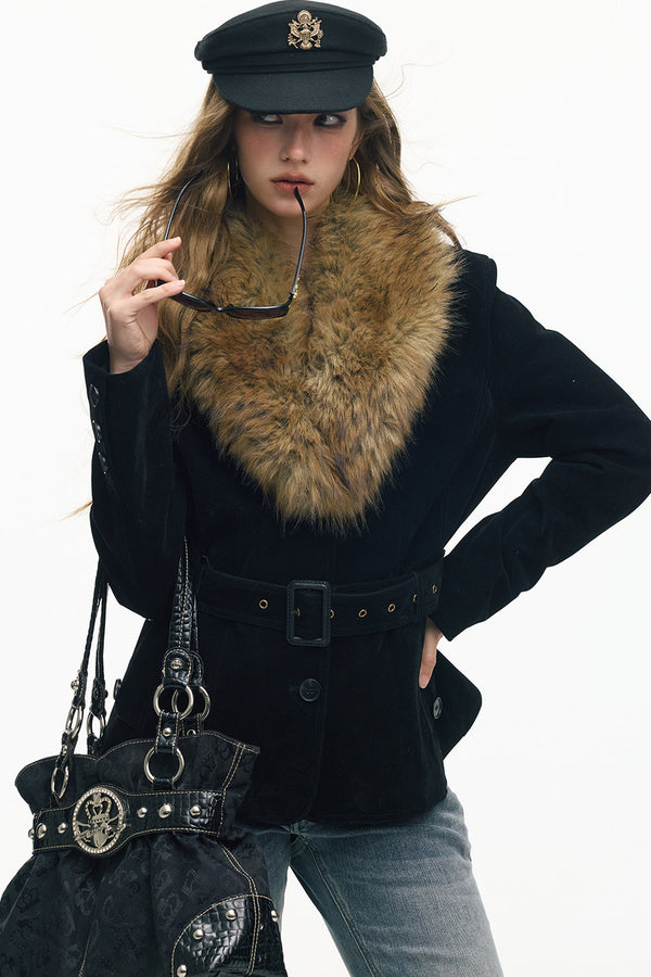 Belted Suede Fur Collar Jacket