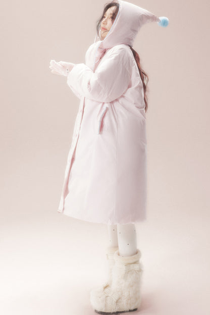 Cute Fur Ball Scarf Hat Long White Duck Down Jacket