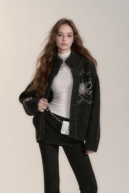 Fair Isle Dog Pattern Wool Cardigan