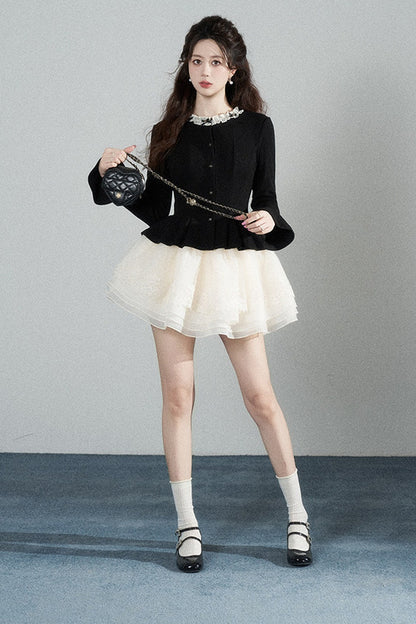 Black Waist-Cinching Shirt and Mesh Puffy Skirt Set-Up