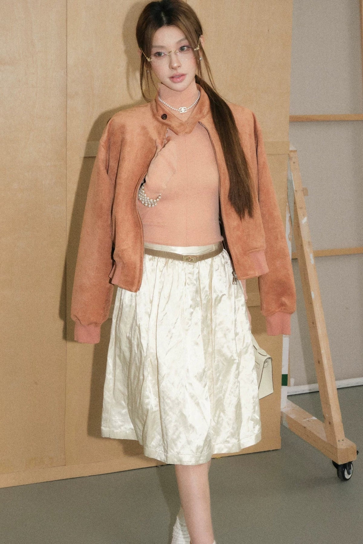 Tangerine Pink Long-Sleeve Base Shirt, Skirt and Jacket Set-Up