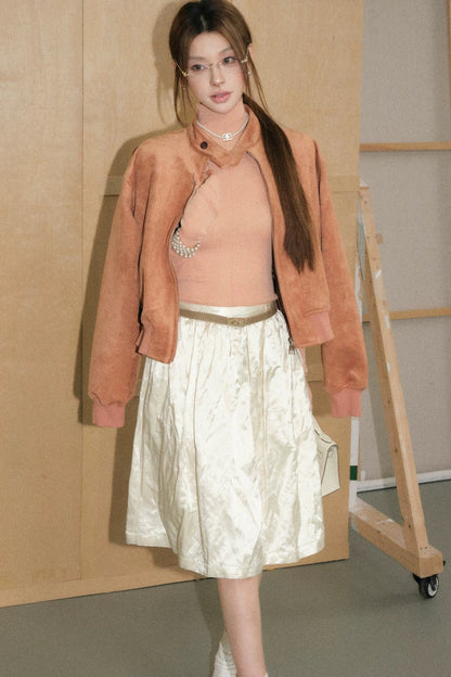Pink Suede Stand Collar Jacket and Skirt Set-Up