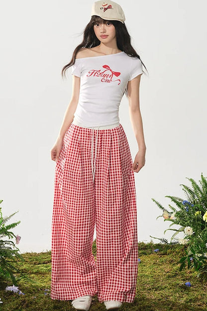 Red Plaid High-Waist Wide-Leg Pants