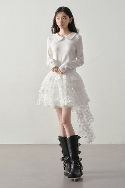 White Floral Lace Mesh High-Waisted Skirt