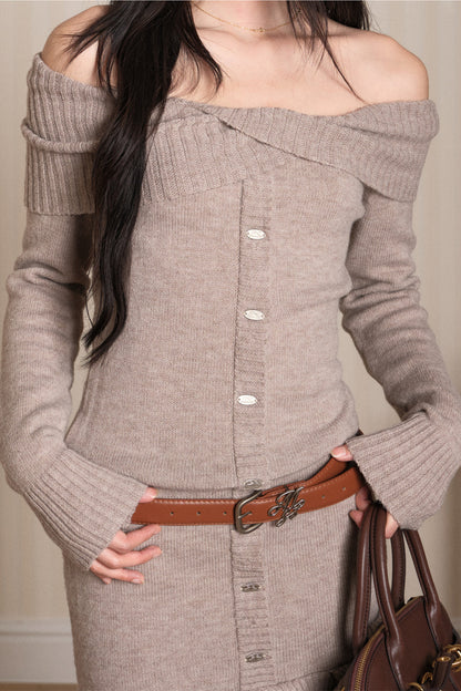 Ruffled Off-Shoulder Knit Dress