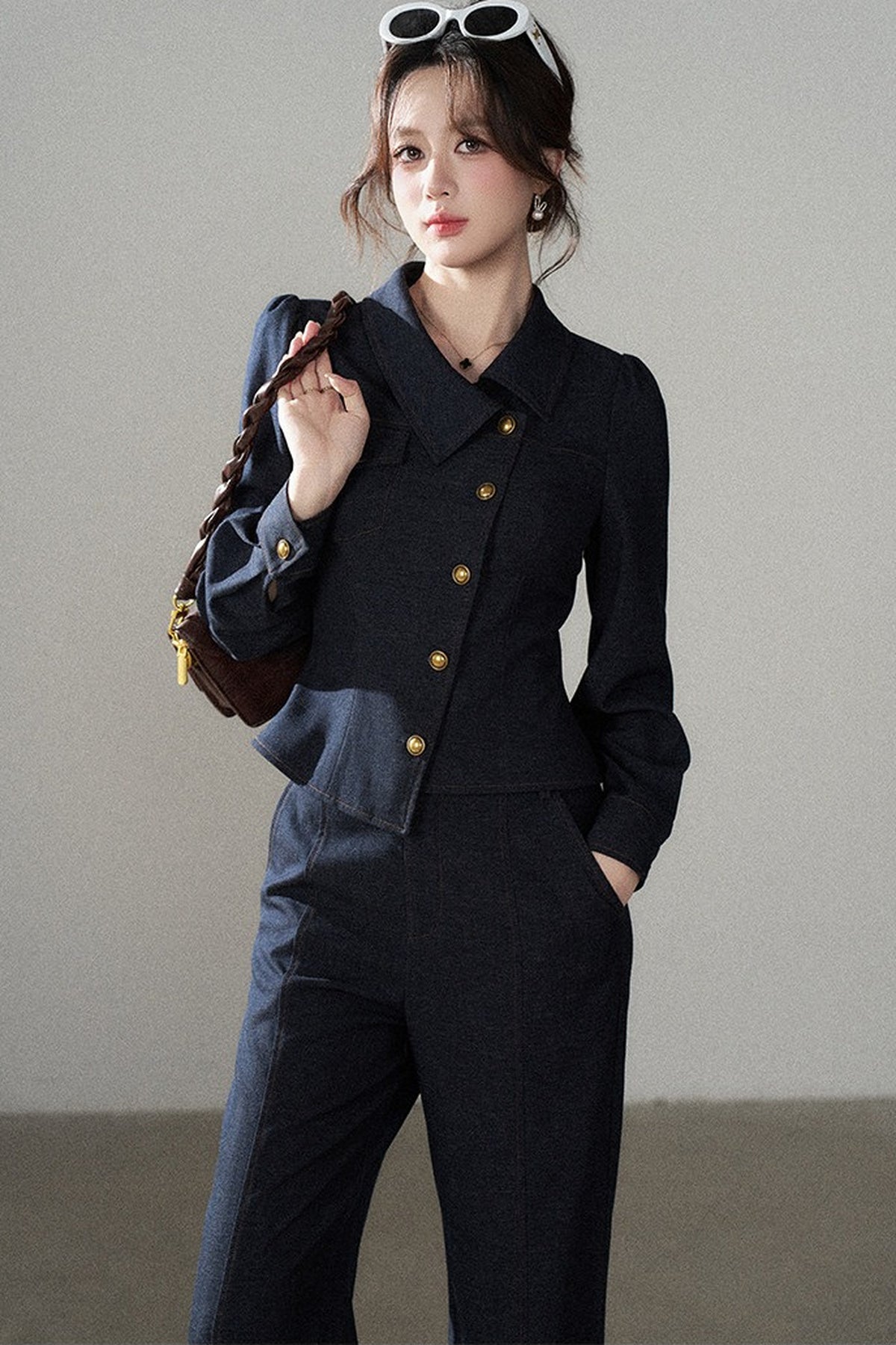 Asymmetrical Lapel Blue Top and Pants Set-Up