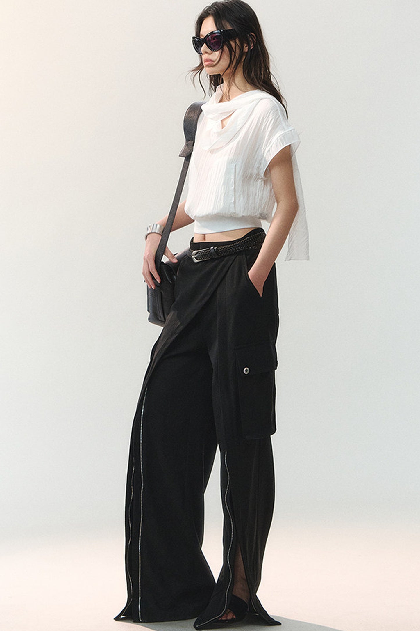 Drape Collar Short Sleeve Shirt With Tie