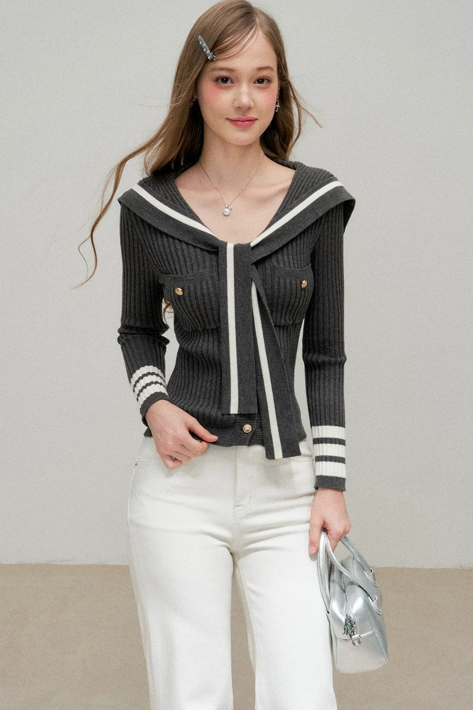 Navy Preppy Color Block Knit Top