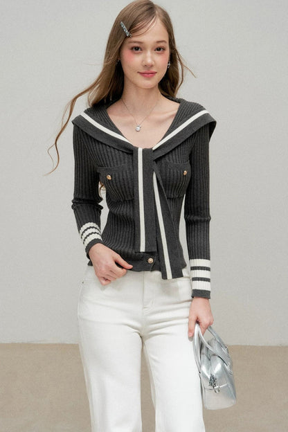 Navy Preppy Color Block Knit Top