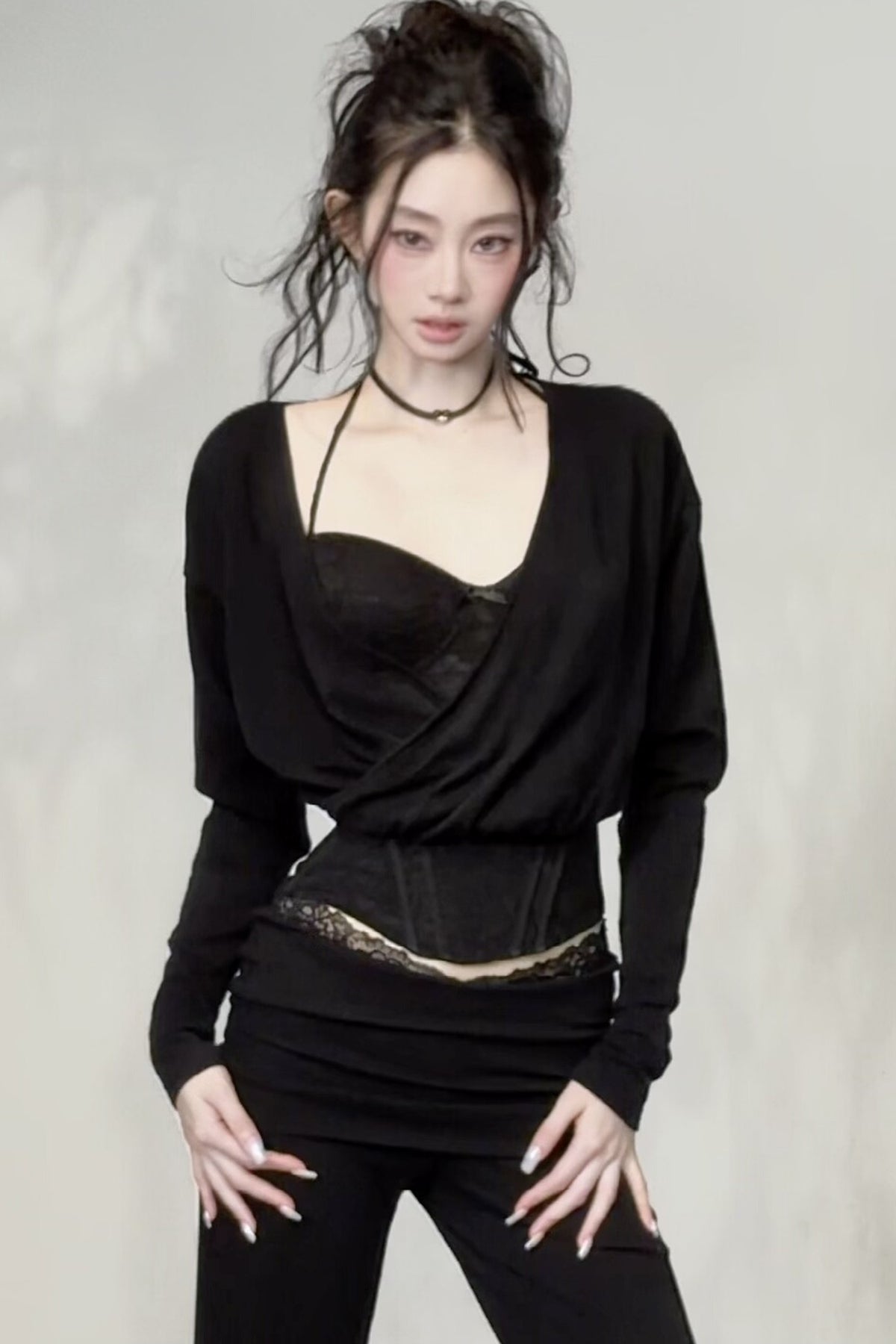 Wool Blend Layered-Look Fishbone Blouse