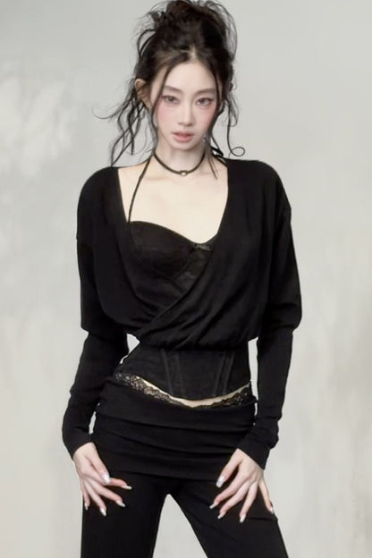 Wool Blend Layered-Look Fishbone Blouse