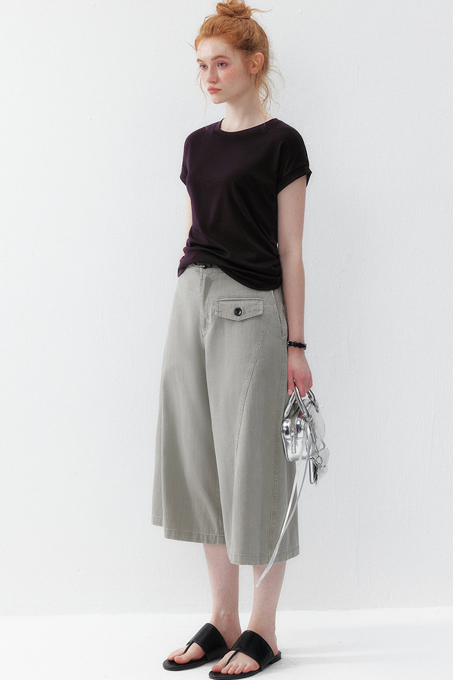 Black Stretchy Lyocell Round Neck T-Shirt