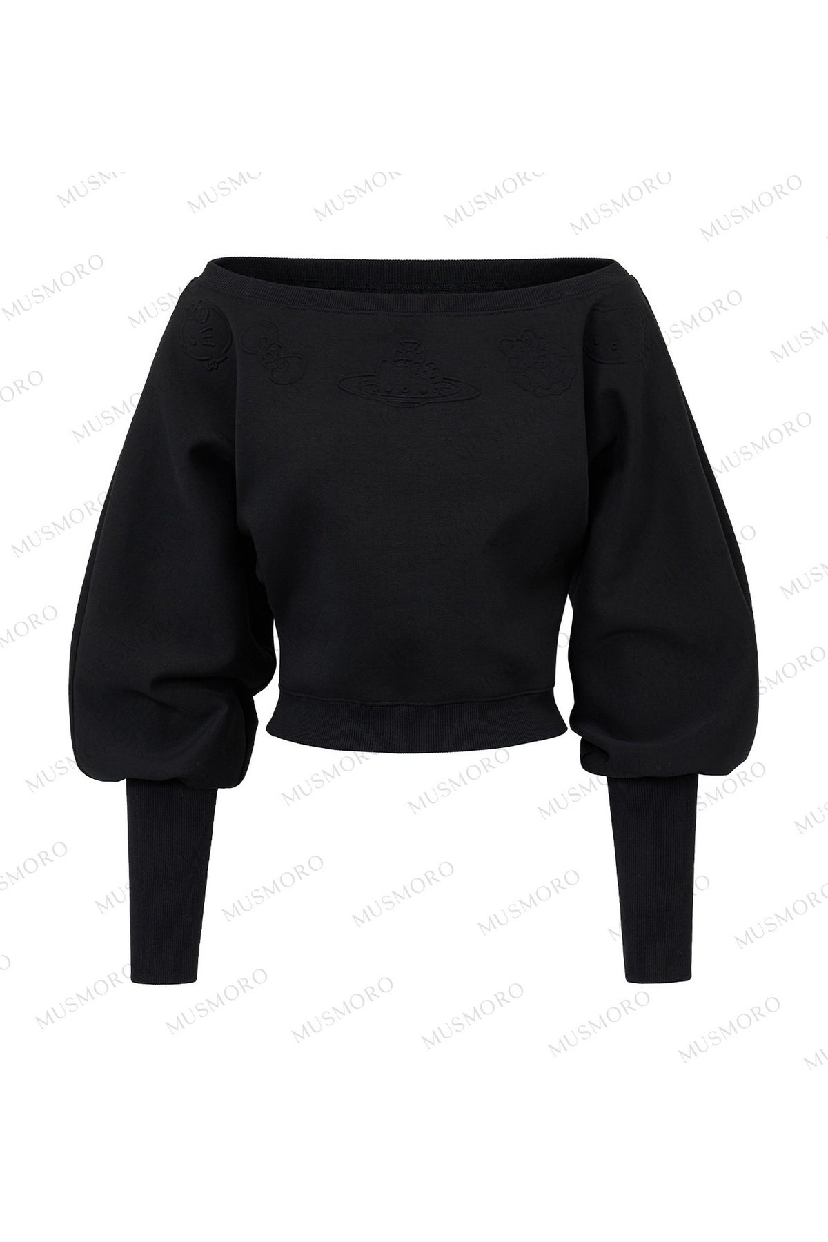 Geprägtes schulterfreies Crop-Sweatshirt mit Katze