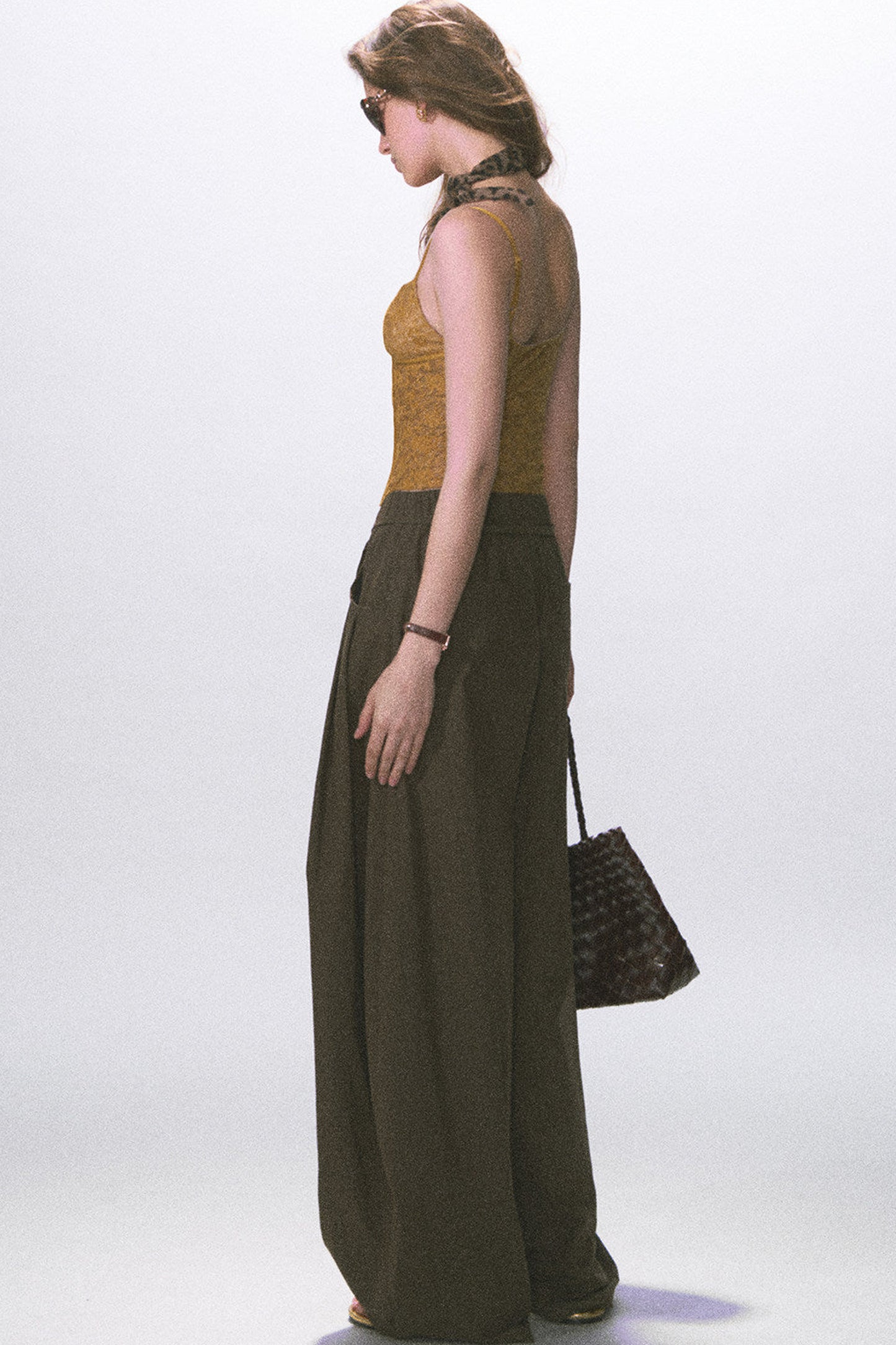 Wrinkled Twill Wide-Leg Pants