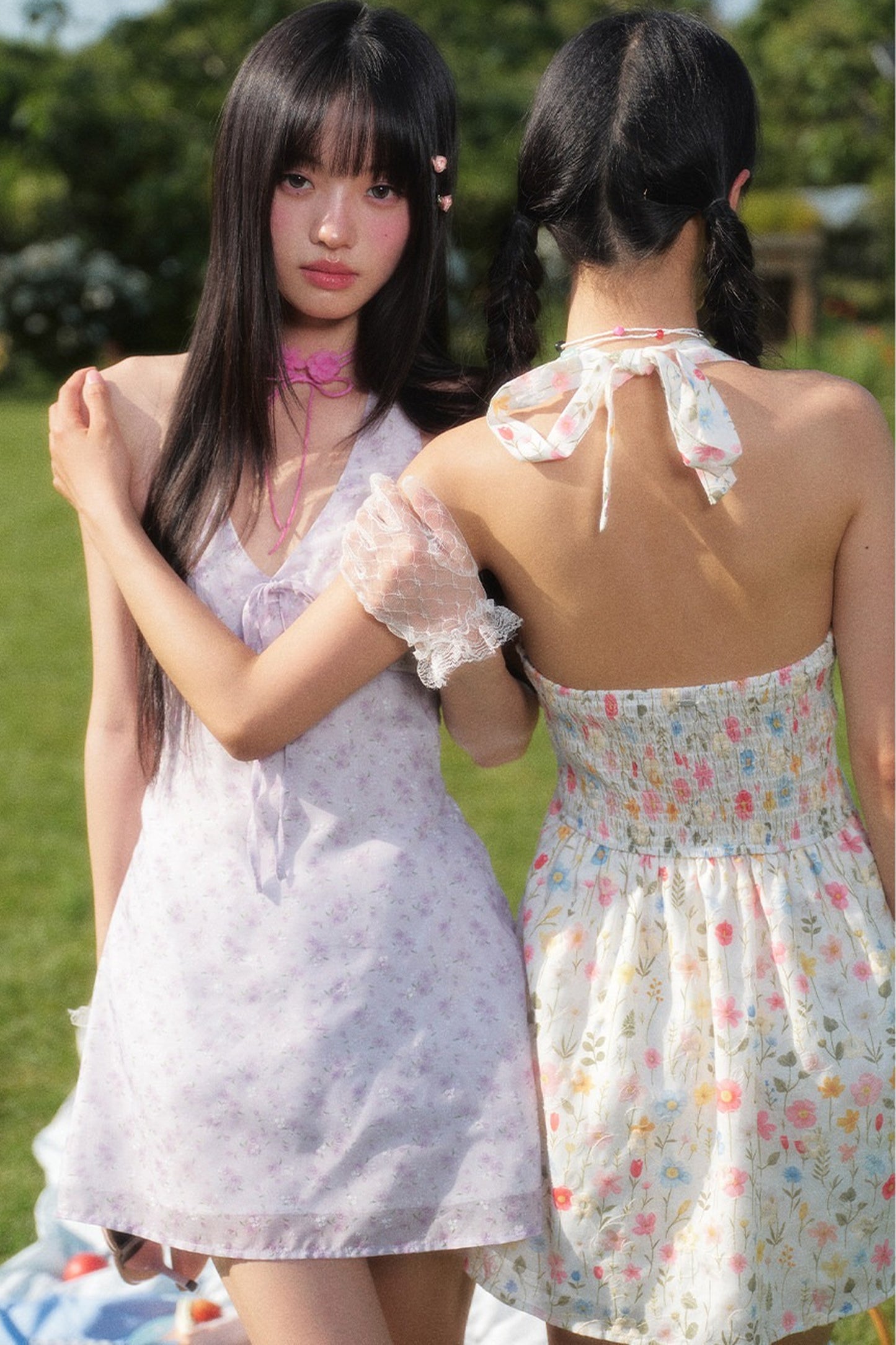 Floral Halterneck V-Neck Tie Waist Dress