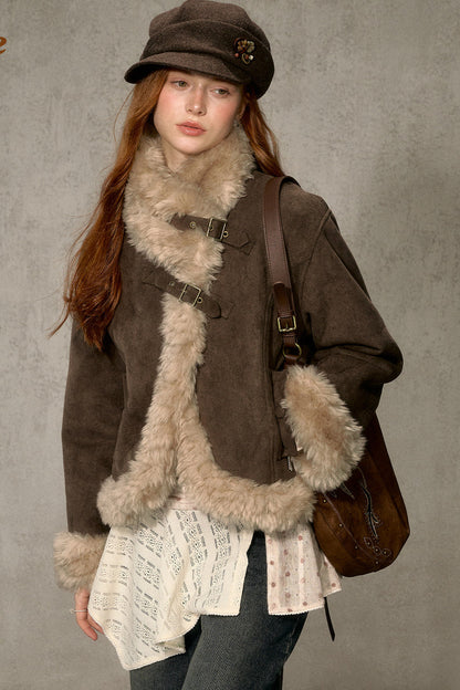 Oatmeal Chocolate Fur Trim Asymmetrical Jacket
