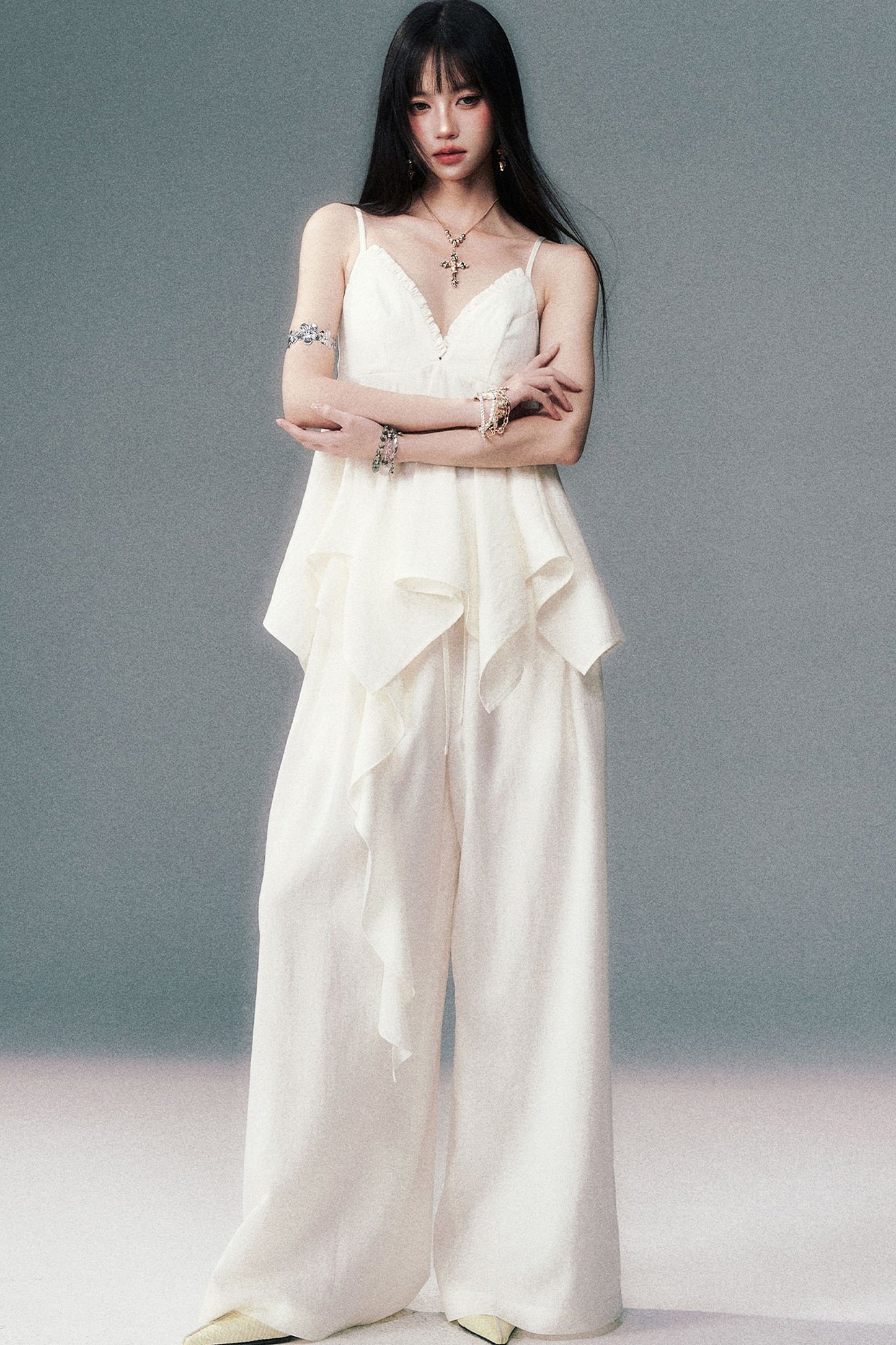 Relaxed V-Neck Camisole And Wide-Leg Pants Set-Up