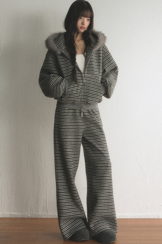 Striped Fur Collar Hooded Top and Pants Set-Up
