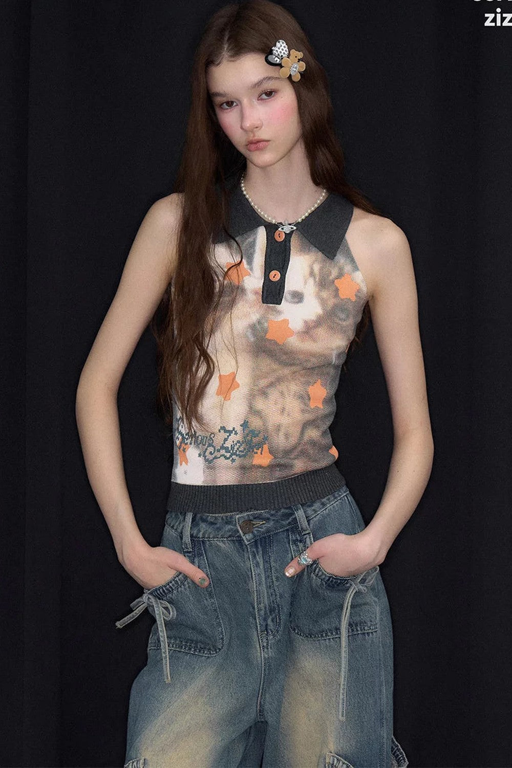 Gilet a Maglia Nero con Gatto Stella