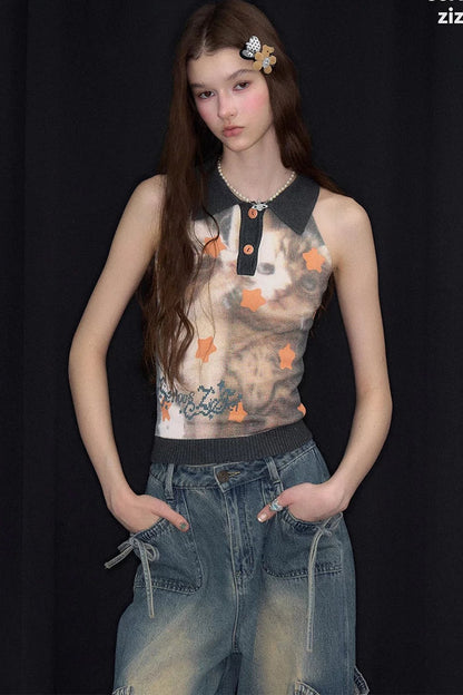 Gilet a Maglia Nero con Gatto Stella