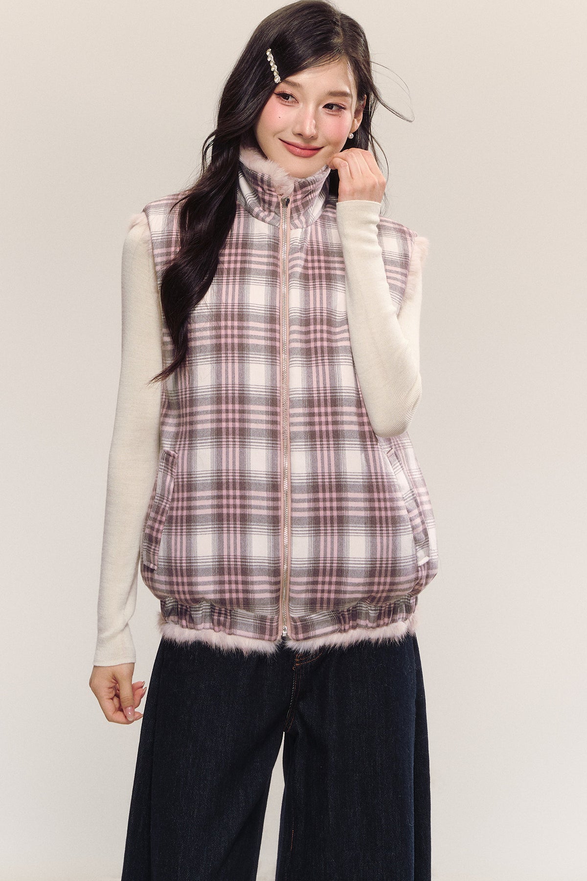 Reversible Sleeveless Pink Faux Fur Vest