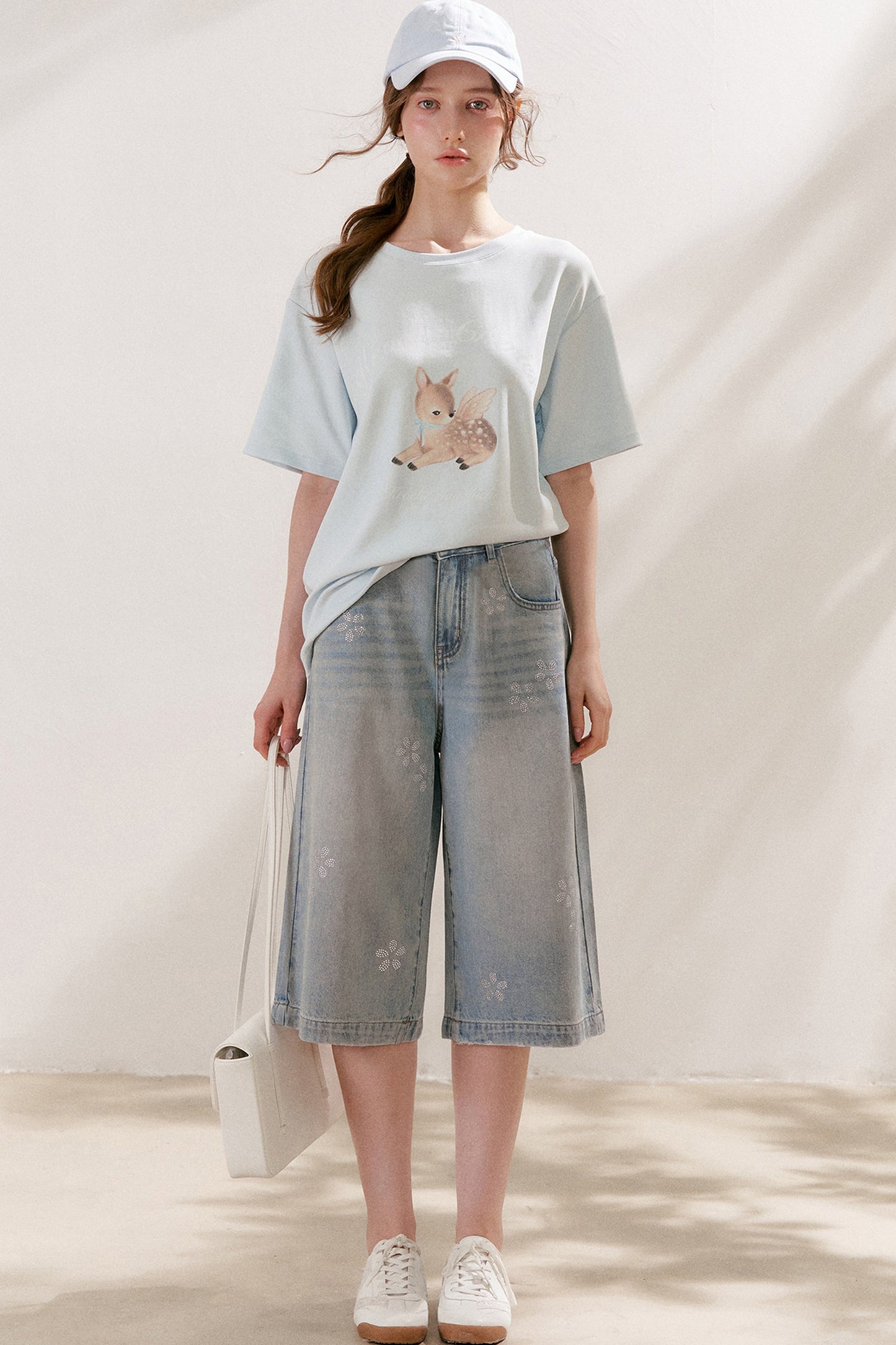 Floral Rhinestone Wide-Leg Denim Pants
