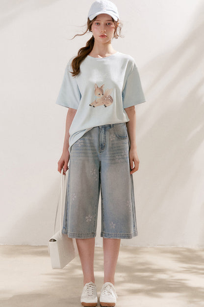 Floral Rhinestone Wide-Leg Denim Pants