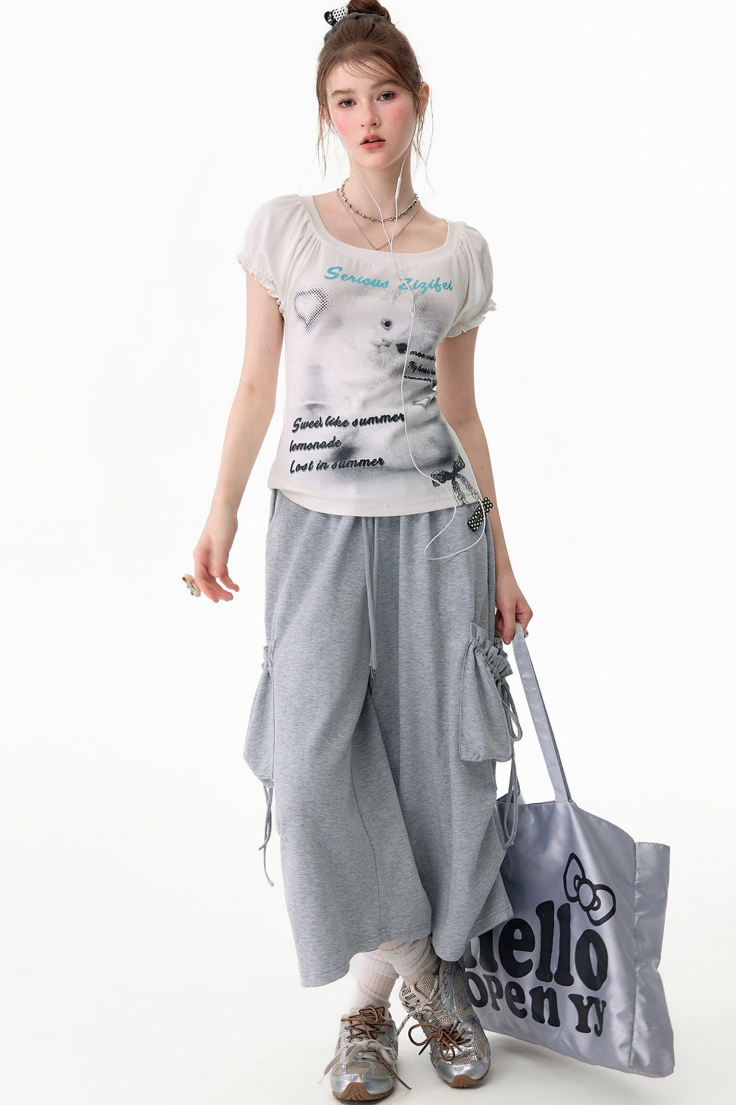 Gray Drawstring Pocket Wide Leg Sweatpants