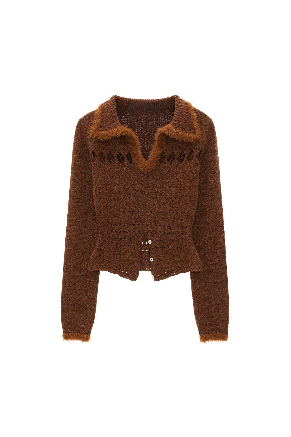 Long-Sleeve Patchwork Hollow-Out Lapel Sweater