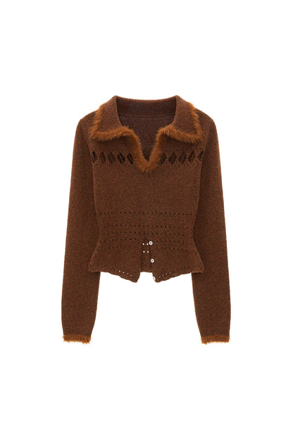 Long-Sleeve Patchwork Hollow-Out Lapel Sweater