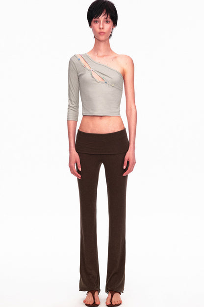 Asymmetrical Color-Button Off-Shoulder Top