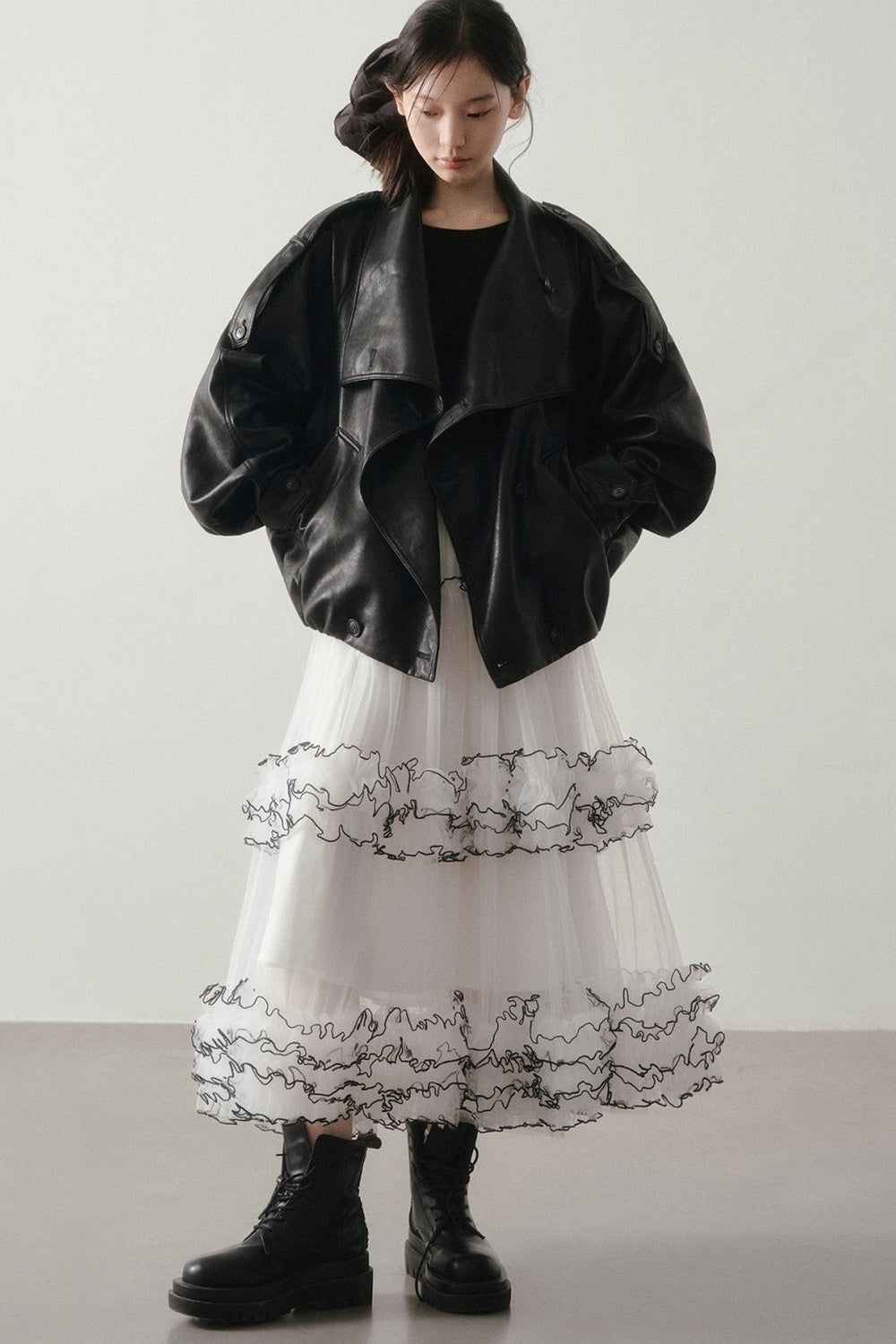 White Puffy Black Ruffle Stitching Skirt