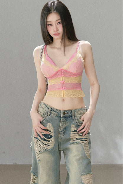 Top in pizzo a blocchi di colore con scollo a V profondo