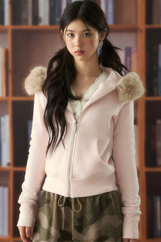 Pink Fur Trim Zip Hoodie