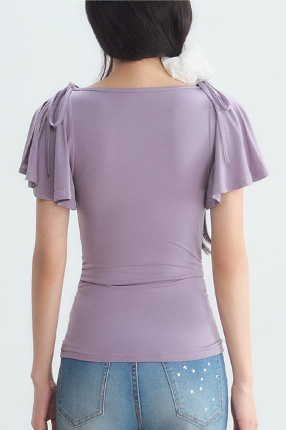 Purple Tie Flutter Sleeve Top and Denim Pants Set-Up