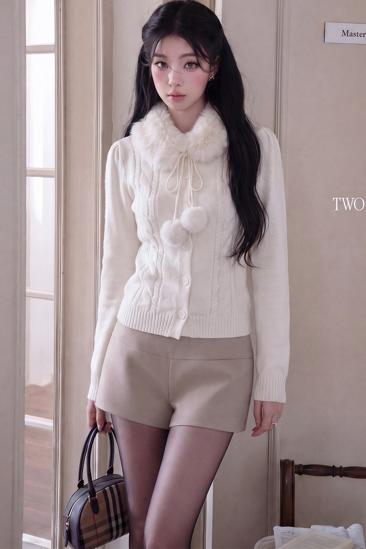 Fur Collar Single-Breasted Lace-Up Knit Cardigan